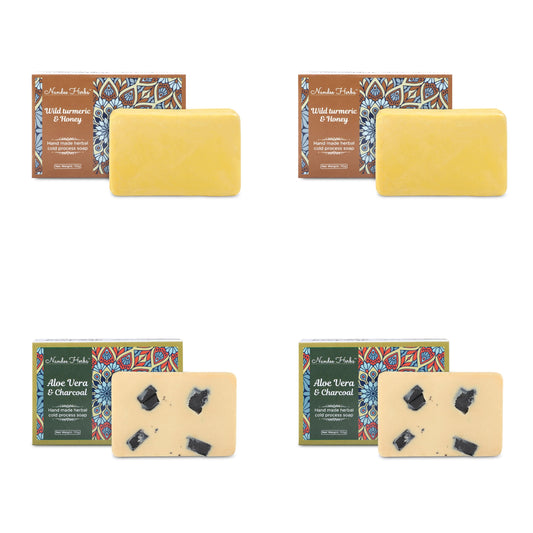 Nandee Herbs Combo Hand made Honey & Wild Turmeric Soap 110g (pack of 2) + Aloevera & Charchol soap 110g (pack of 2) (4x110g)