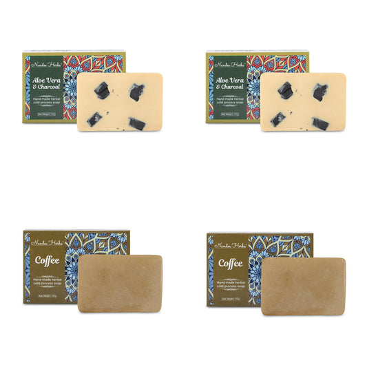 Nandee Herbs Combo Hand made Aloevera & Charchol Soap 110g (pack of 2) + Coffee soap 110g (pack of 2) (4x110g)
