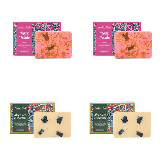 Nandee Herbs Combo Hand made Aloevera & Charchol Soap 110g (pack of 2) + Rose Petals soap 110g (pack of 2) (4x110g)
