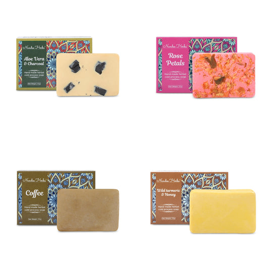 Nandee Herbs Combo Hand made Honey & Wild Turmeric Soap + Aloevera & Charchol Soap + Rose Petals Soap + Coffee Soap  (pack of 4) (4x110g)